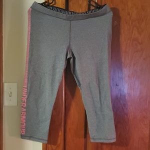 Grey and Pink Underarmor capri leggings.